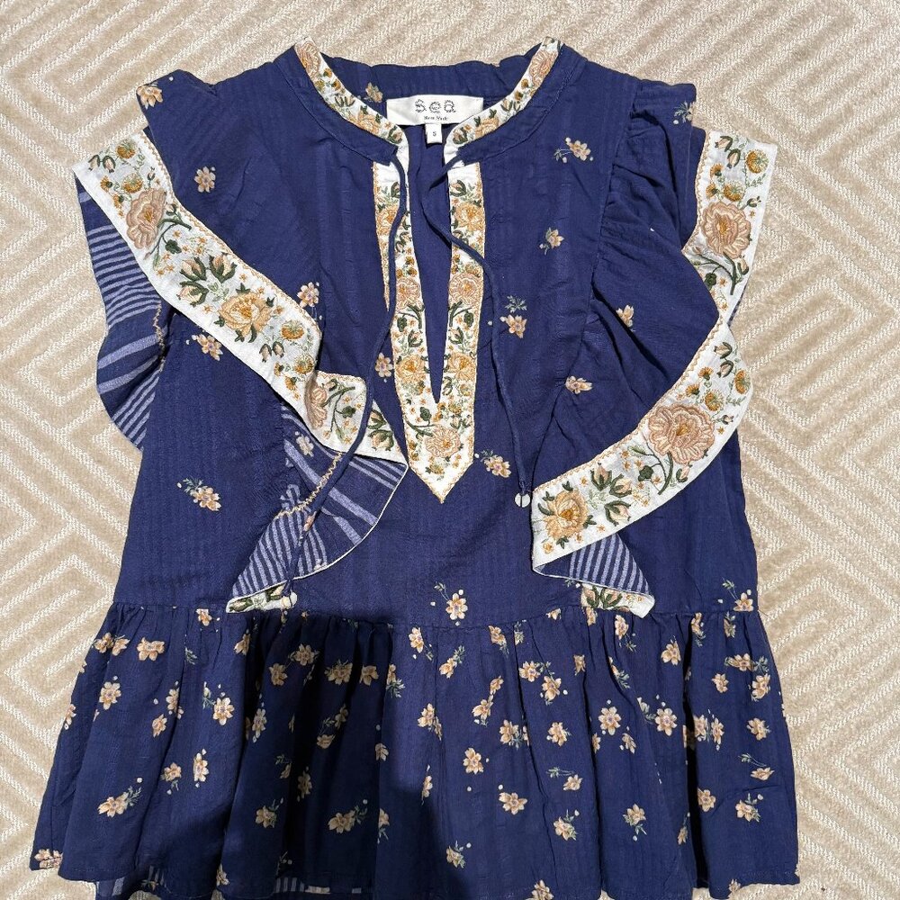 Sea New York Blue Elizabeth Print Flutter Sleeve Top